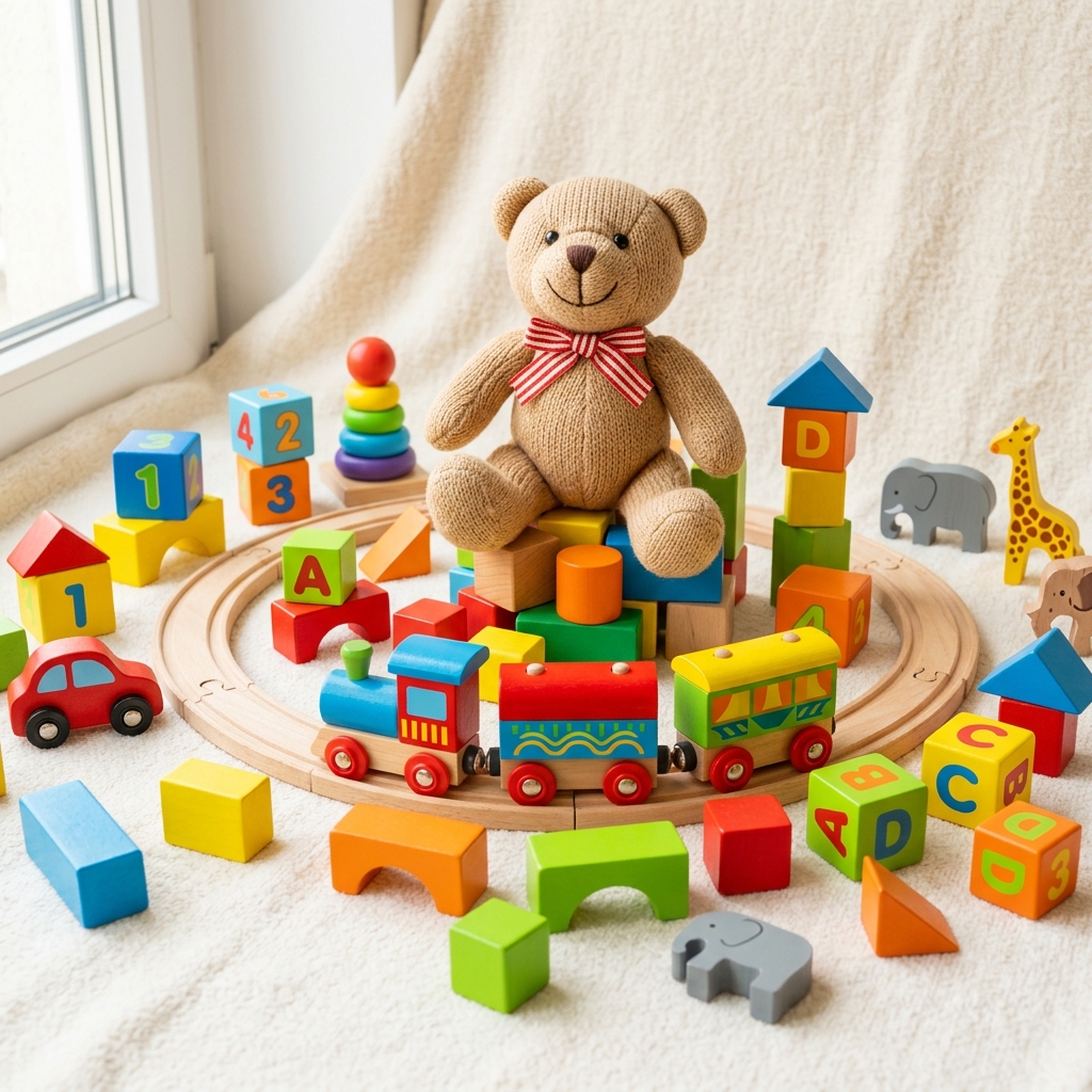 A variety of colorful children's toys representing fun and learning